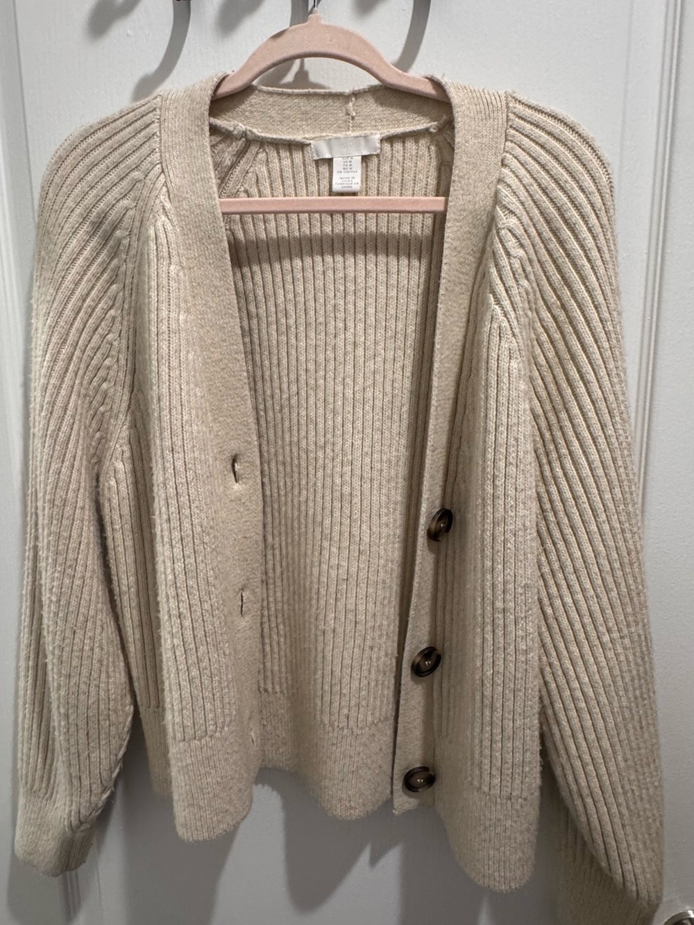 H&M Ribbed Button-Front Cardigan in Cream